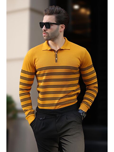 Madmext Hardal Düğmeli Polo Yaka Çizgili Uzun Kollu Kazak 7270 - S000280996-20074