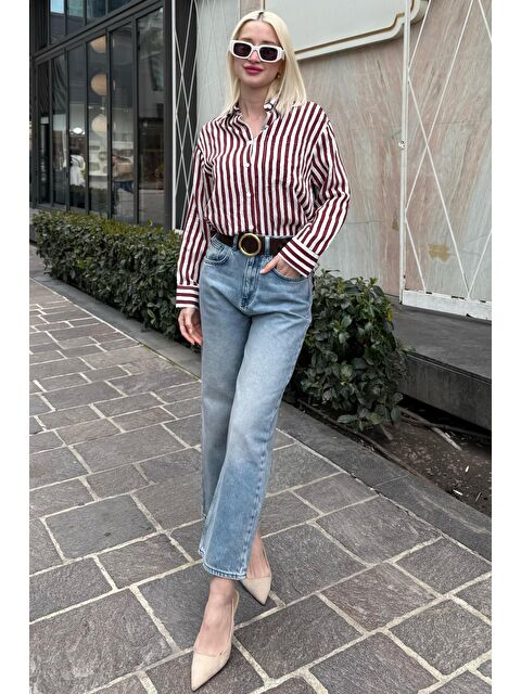 Madmext Bordo Cep Detaylı Çizgili Kadın Gömlek Mg2295 - S000346548-19951