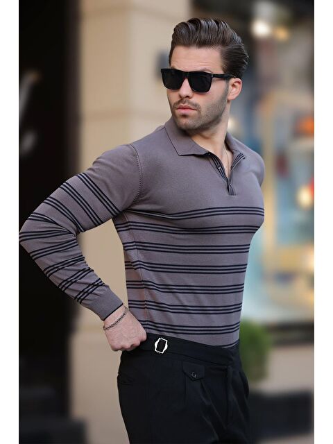 Madmext Gri Düğmeli Polo Yaka Çizgili Uzun Kollu Kazak 7270 - S000280996-20600