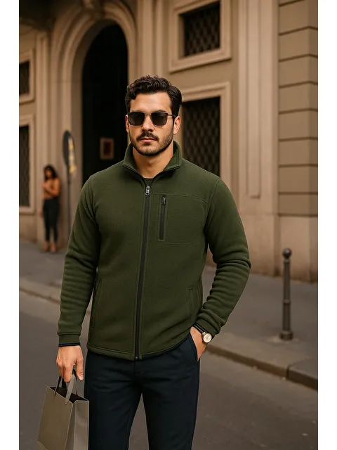 Comstar Erkek Kışlık Cepli Basic Fermuarlı Haki Polar Ceket