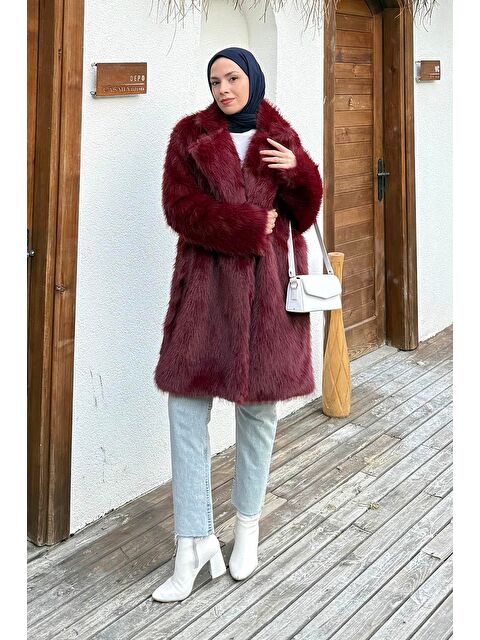 Lamelif Uzun Kürk Mont Bordo - S000523452-19951