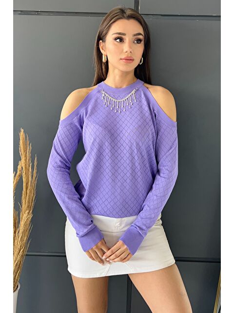 Gülseli Omuz Dekolteli Bisiklet Yaka Taşlı Kadın Triko Bluz - S000313499-17878