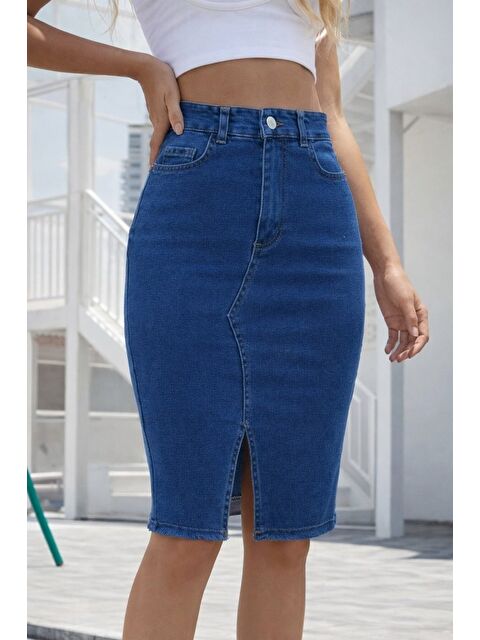 Jane's Kadın Yüksek Bel önden Yırtmaçlı Kısa Jean Etek