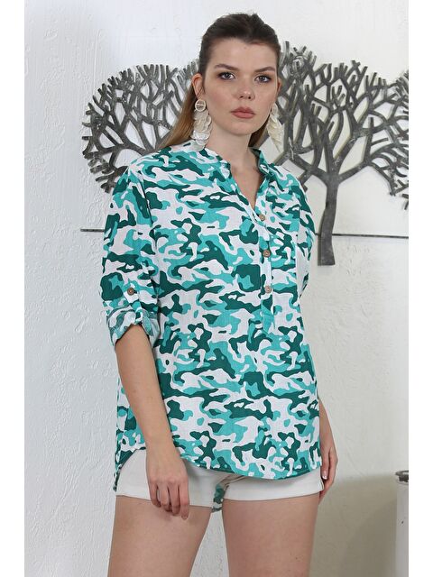 Chiccy Yeşil Hakim Yaka Düğmeli Uzun Kollu Kamuflaj Yaka Kapaması Düğmeli Pullu Cepli Dokuma Casual Bluz - S000358648-18194