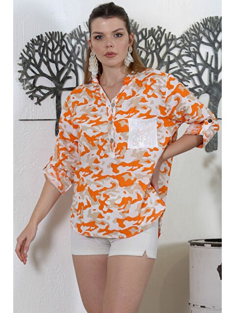 Chiccy Turuncu Hakim Yaka Düğmeli Uzun Kollu Kamuflaj Yaka Kapaması Düğmeli Pullu Cepli Dokuma Casual Bluz - S000358648-20013