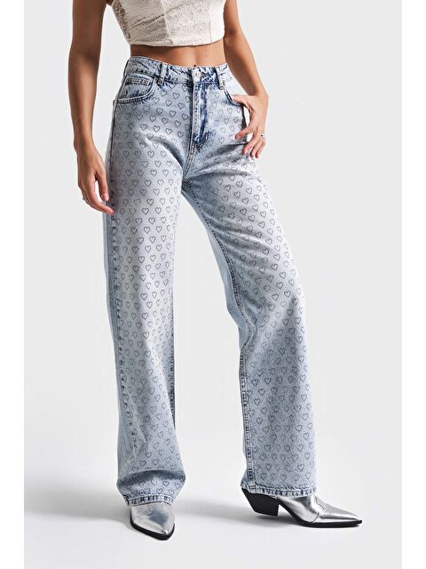 It's Basic Kadın Snow Jean Rengi T5 4S5 27 Straight Fit Kalpli Parlak Taşlı Tasarım Denim Jean - S000346553-17234