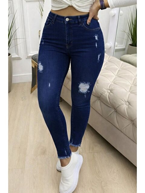 Jane's Kadın Yüksek Bel Yırtık Desenli Skınny Jean Pantolon