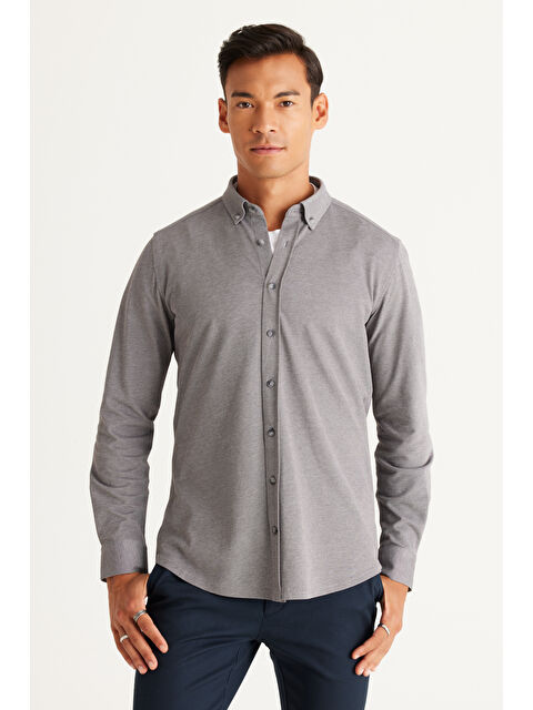 Altınyıldız Classics Erkek Gri Slim Fit Dar Kesim Düğmeli Yaka Pike Desenli Örme Gömlek - S000408107-20600
