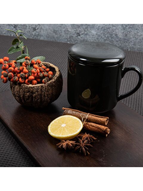 GÜRAL PORSELEN 3 Parça Bone Süzgeçli Bitki Çayı Bardağı - Siyah - S000486504-37646