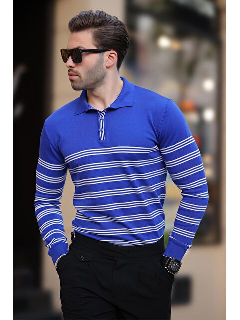 Madmext Saks Düğmeli Polo Yaka Çizgili Uzun Kollu Kazak 7270 - S000280996-23710