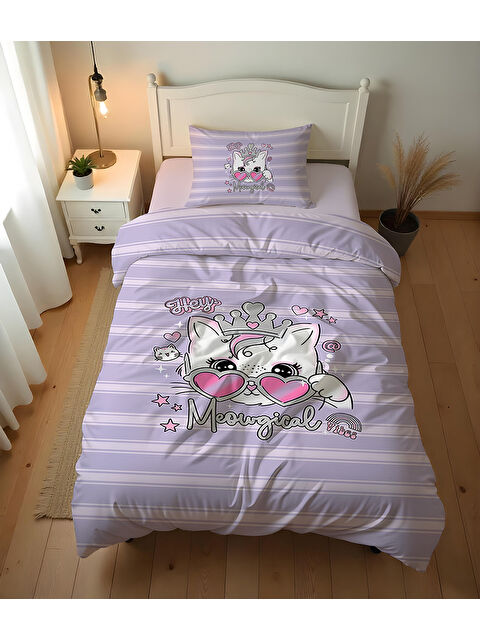 Evmila Kedi Desenli Çarşafsız 2'li Takım Baskılı Tek Kişilik Nevresim Takımı 160x220 cm - S000435266-23173