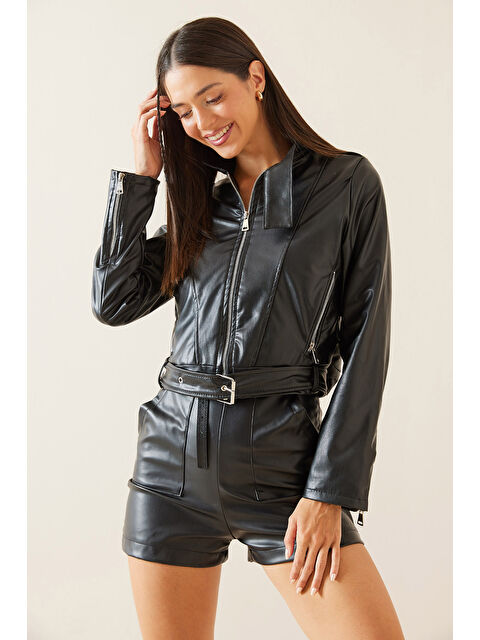 Xhan Siyah Dik Yaka Fermuarlı Deri Ceket 5KXK4-48955-02 - S000283499-19351