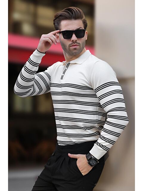 Madmext Beyaz Düğmeli Polo Yaka Çizgili Uzun Kollu Kazak 7270 - S000280996-20063