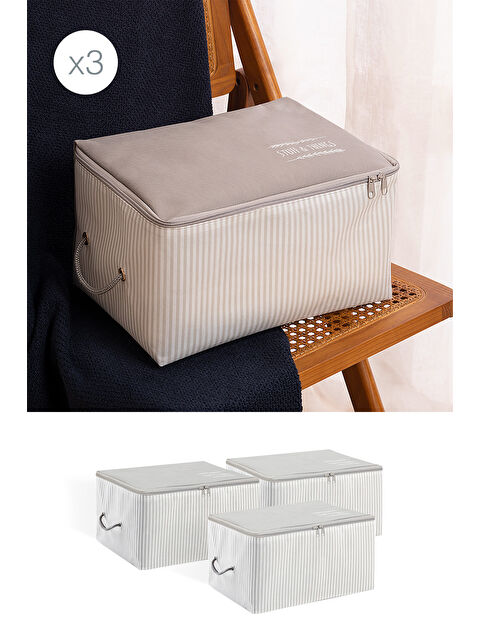 Ocean Home Textile 3'lü Küçük Boy Gri Çizgili Stuff & Things Hurç Set 30 x 22 x 18 cm - S000406844-20600