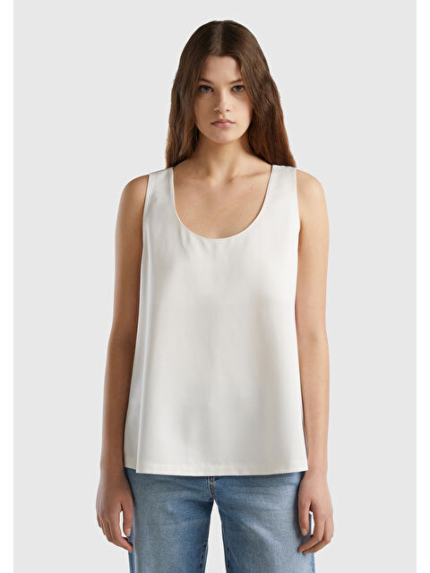 United Colors Of Benetton Kadın Krem Viskoz Karışımlı Saten Kolsuz Bluz - S000307682-19966