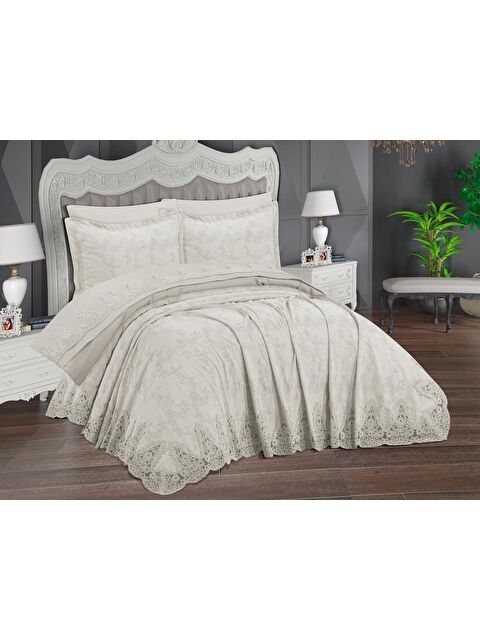 Çeyiz Diyarı Ege 6 Parça Şönil Nakışlı Pike Takımı Krem - S000495719-19966