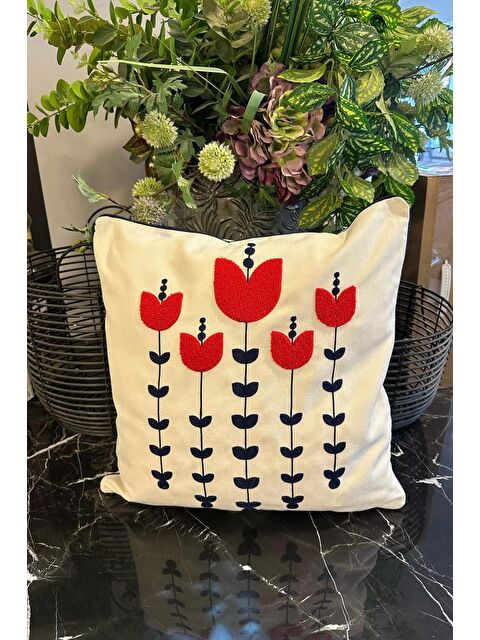 Çeyiz Diyarı Lale Lüx Nakışlı Keten Kırlent Kılıfı 45x45 cm - S000495727-23173