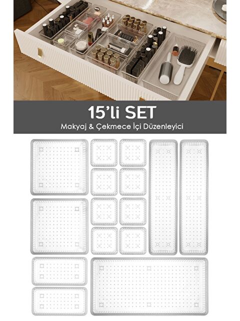 Meleni Home 15'li Çekmece İçi Çok Amaçlı Organizer Kozmetik Takı Makyaj Organizeri Dolap İçi Düzenleyici Şeffaf - S000385550-26865