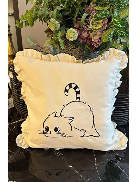 Çeyiz Diyarı Kedicik Lüx Nakışlı Keten Kırlent Kılıfı 45x45 cm - S000495731-23173