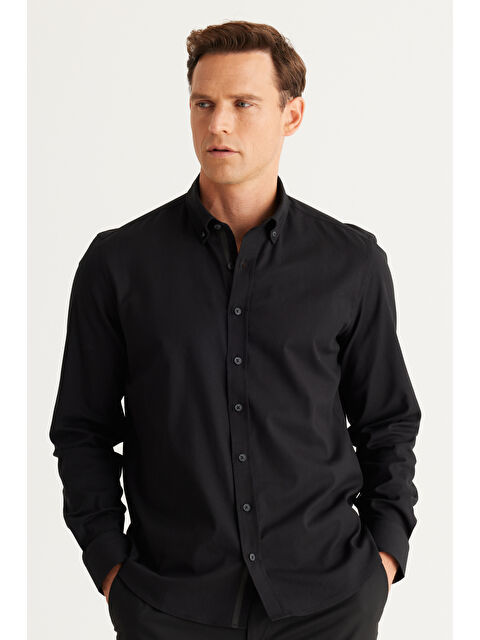 Altınyıldız Classics Erkek Siyah Slim Fit Dar Kesim Düğmeli Yaka Pamuklu Gabardin Gömlek