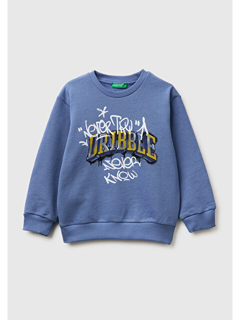 United Colors Of Benetton Erkek Çocuk Havacı Mavi Önü Baskılı Rahat Kalıp Bisiklet Yaka Sweatshirt
