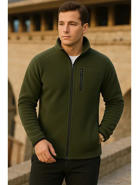 Comstar Erkek Kışlık Fermuarlı Trend Cepli Haki Polar Ceket