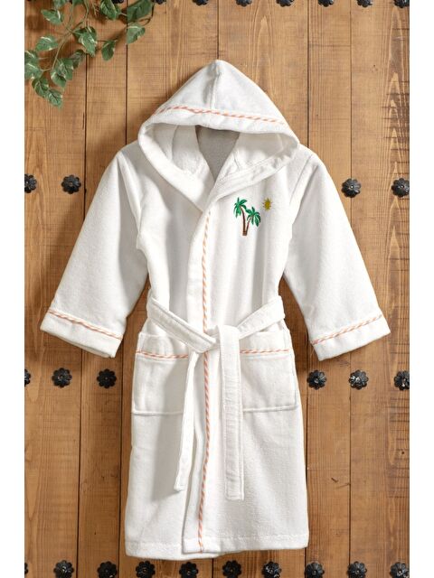 Mulberry Bayaz Triga Kapüşonlu Pamuklu Çocuk Bornozu - Palmiye Nakışlı