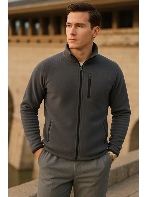 Comstar Erkek Kışlık Fermuarlı Trend Cepli Füme Polar Ceket