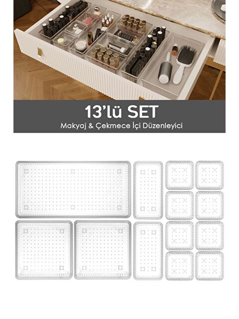 Meleni Home 13'lü Çekmece İçi Çok Amaçlı Organizer Kozmetik Takı Makyaj Organizeri Dolap İçi Düzenleyici Şeffaf - S000385551-26865