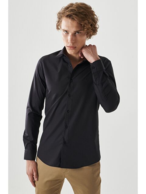 Altınyıldız Classics Erkek Siyah Kolay Ütülenebilir Slim Fit Dar Kesim Klasik Yaka Gömlek - S000403397-19351