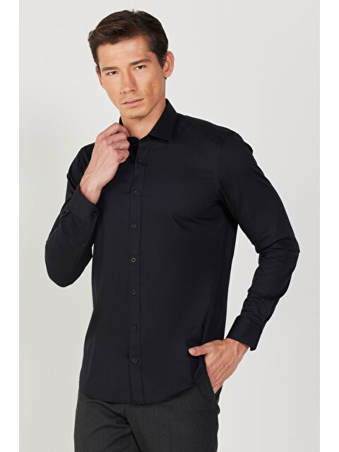 Altınyıldız Classics Erkek Siyah Ütü Gerektirmeyen Non-Iron Slim Fit %100 Pamuk Gömlek