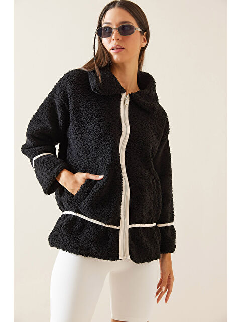 Xhan Siyah Polo Yaka Fermuarlı Pelüş Ceket 5KXK4 48957 02 - S000283509-19351