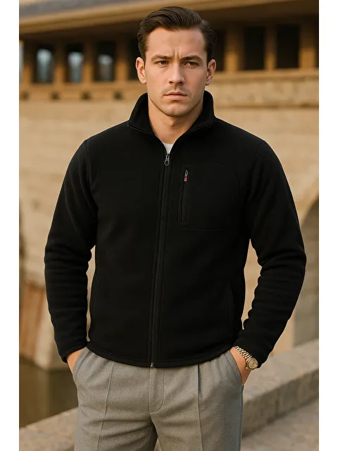 Comstar Erkek Kışlık Fermuarlı Trend Cepli Siyah Polar Ceket