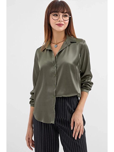 Hazelin Kadın Haki Saten Yüzeyli  Gömlek HZL25W-BD139641 - S000228129-18547