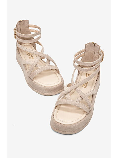 TONNY BLACK Kadın Bej Süet Rahat Kalıp Çapraz Bantlı Çift Kemerli Sandalet