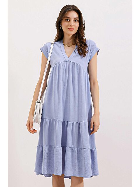 Bigdart 2398 V Yaka Volanlı Elbise - Mavi - S000089493-17234