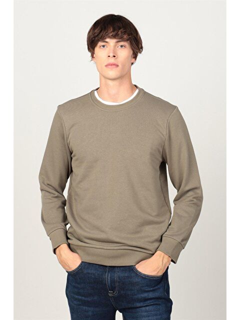 TUDORS Unisex Relax Fit Rahat Kesim Pamuklu Yumuşak Dokulu İçi Polarlı Basic Yeşil Bisiklet Yaka Sweatshirt