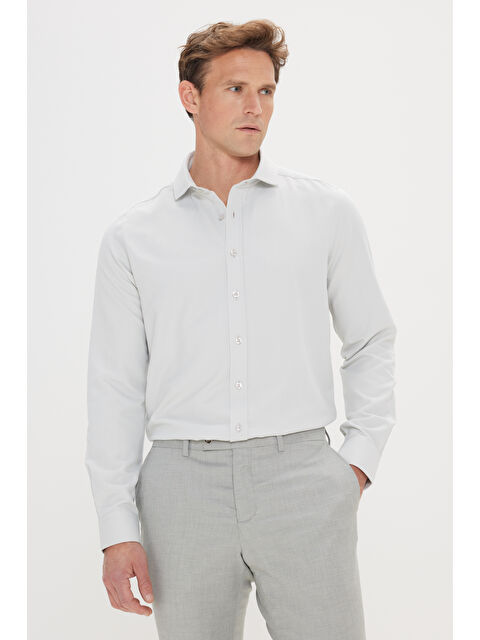 AC&Co / Altınyıldız Classics Erkek MINT YESIL Kolay Ütülenebilir Slim Fit Dar Kesim İtalyan Yaka Armürlü Basic Gömlek - S000394601-1180