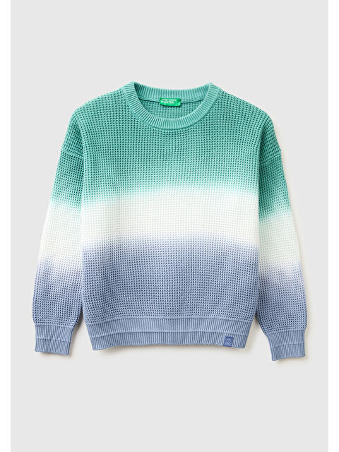 United Colors Of Benetton Erkek Çocuk Havacı Mavi Renk Geçişli Waffle Örgü Yuvarlak Yaka Kazak