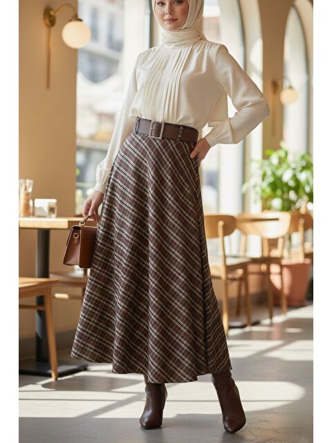 Julude Ekose Desenli Kemer Aksesuarlı Tesettür Kiloş Etek - S000517583-19413