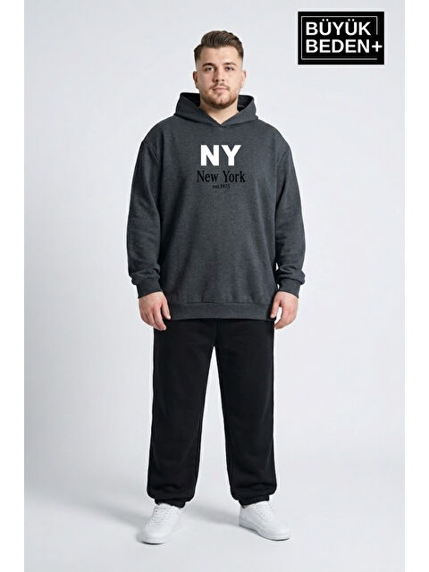 Süperlife Erkek Büyük Beden İnce Kapüşonlu NY Newyork Baskılı İnce Sweatshirt SPR26BSW957-15 - S000505553-29666