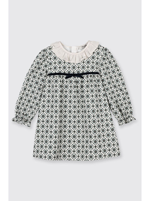 Panço Kız Çocuk Fırfır Yakalı Uzun Kollu Fiyonk Detaylı Pamuk Astarlı Gizli Fermuarlı Yeşil Elbise - S000524590-18194