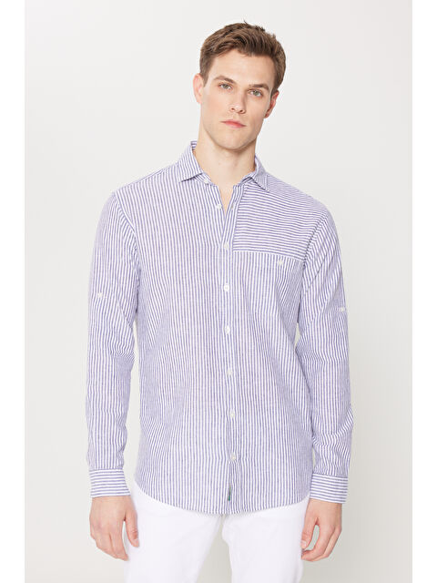 AC&Co / Altınyıldız Classics Erkek Lacivert-Beyaz Keten Comfort Fit Rahat Kesim Klasik Yaka Çizgili Gömlek