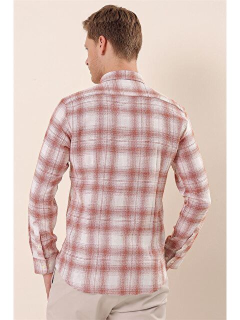 İMZA Kiremit Uzun Kollu Kareli Cepsiz %100 Pamuk Klasik Slim Fit Dar Kesim Gömlek 1004230176 - S000348076-18657