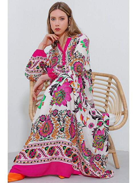 Bigdart Kadın Fuşya Krem Desenli Viskon Tesettür Elbise 2423 - S000089420-29707