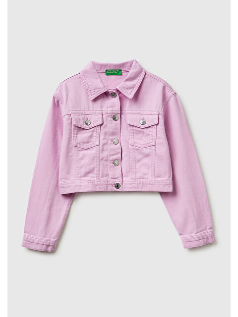 United Colors Of Benetton Kız Çocuk Lila Arkası Logo İşlemeli Kısa Renkli Denim Ceket