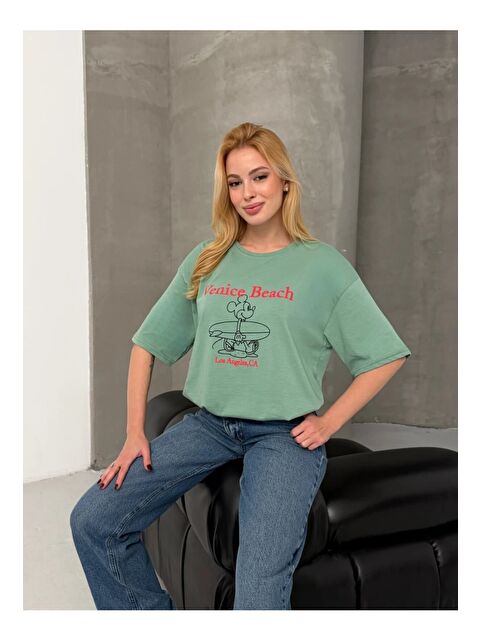 carla10 Venice Beach Baskılı Oversize Kadın Tişört – Mint Yeşil - S000517587-29488