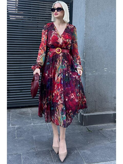 Madmext Kırmızı Kruvaze Yaka Desenli Şifon Elbise Mg2065 - S000173403-20045