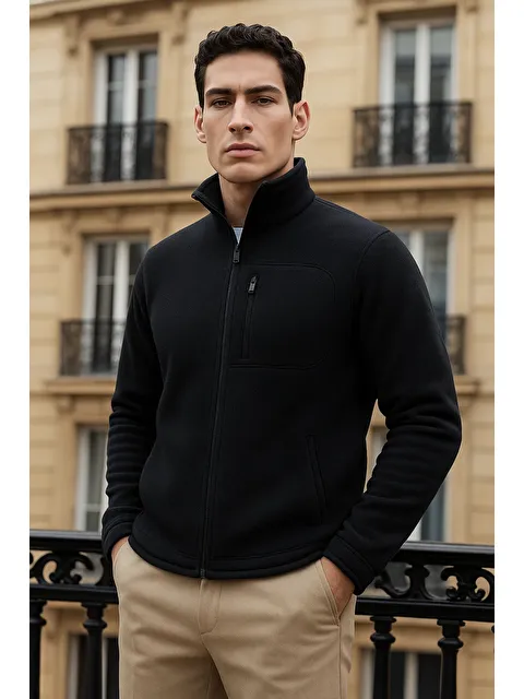 Comstar Erkek Kışlık Basic Fermuarlı Cepli Siyah Polar Hırka