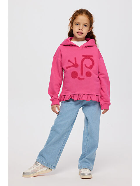 Panço Kız Çocuk Uzun Kollu Süzene Nakışlı Kapüşonlu Fuşya Sweatshirt - S000524595-18686